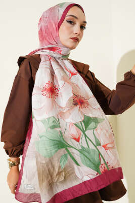 Çiçekli Bambu Kraş Şal Bordo - Thumbnail