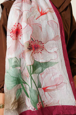 Çiçekli Bambu Kraş Şal Bordo - Thumbnail