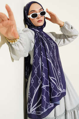 Halat Desenli Soft Şal Lacivert - Thumbnail