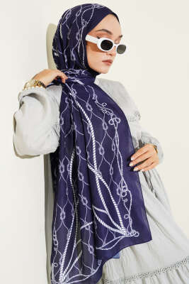 Halat Desenli Soft Şal Lacivert - Thumbnail