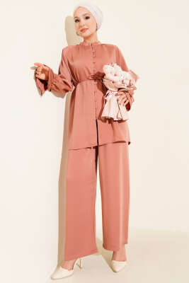 Pazarium - Bilek Tünelli Brit Düğmeli İkili Takım Gül Kurusu