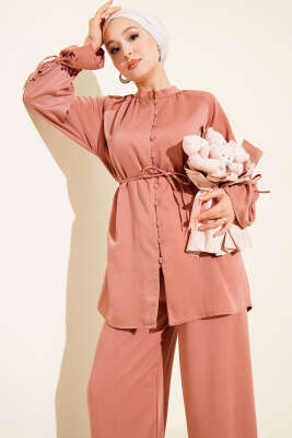 Bilek Tünelli Brit Düğmeli İkili Takım Gül Kurusu - Thumbnail