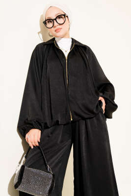 Yarasa Kol Fermuarlı Salaş İkili Takım Siyah - Thumbnail