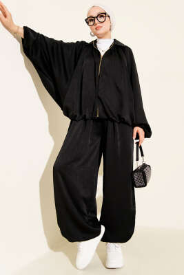 Yarasa Kol Fermuarlı Salaş İkili Takım Siyah - Thumbnail