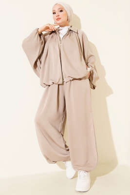 Yarasa Kol Fermuarlı Salaş İkili Takım Bej - Thumbnail