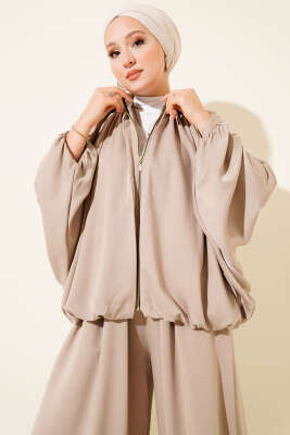 Yarasa Kol Fermuarlı Salaş İkili Takım Bej - Thumbnail