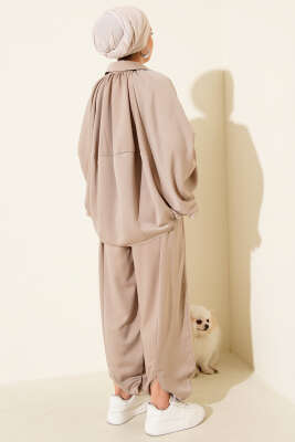 Yarasa Kol Fermuarlı Salaş İkili Takım Bej - Thumbnail