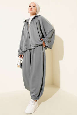 Yarasa Kol Fermuarlı Salaş İkili Takım Antrasit - Thumbnail