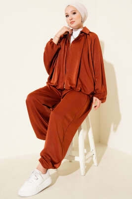 Yarasa Kol Fermuarlı Salaş İkili Takım Kiremit - Thumbnail