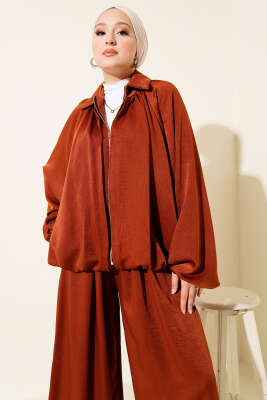 Yarasa Kol Fermuarlı Salaş İkili Takım Kiremit - Thumbnail