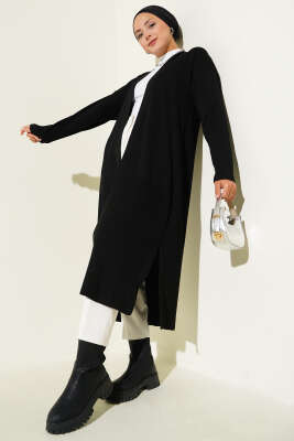 Pazarium - İnce Fitilli Triko Uzun Hırka Siyah