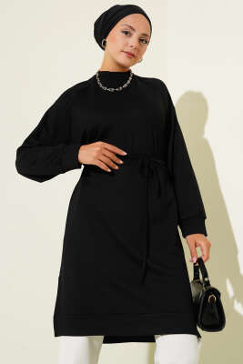 Pazarium - Loyşa İp Kuşaklı Uzun Tunik Siyah