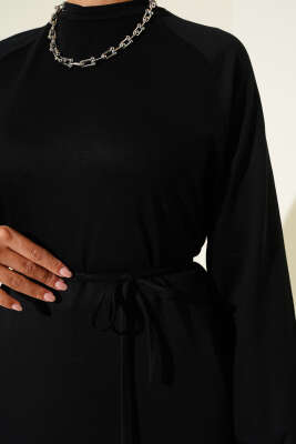 Loyşa İp Kuşaklı Uzun Tunik Siyah - Thumbnail
