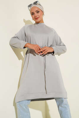 Pazarium - Loyşa İp Kuşaklı Uzun Tunik Gri