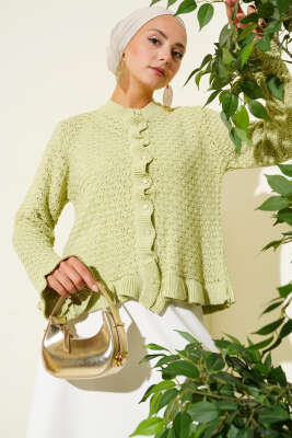 Fırfırlı Düğmeli Kısa Triko Hırka Çağla Yeşili - Thumbnail