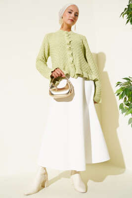 Fırfırlı Düğmeli Kısa Triko Hırka Çağla Yeşili - Thumbnail