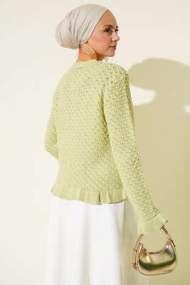 Fırfırlı Düğmeli Kısa Triko Hırka Çağla Yeşili - Thumbnail