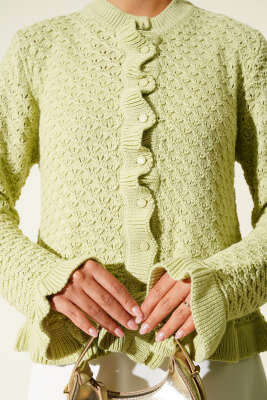 Fırfırlı Düğmeli Kısa Triko Hırka Çağla Yeşili - Thumbnail