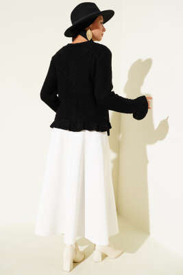 Fırfırlı Düğmeli Kısa Triko Hırka Siyah - Thumbnail