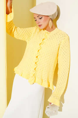 Fırfırlı Düğmeli Kısa Triko Hırka Sarı - Thumbnail