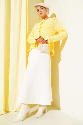 Fırfırlı Düğmeli Kısa Triko Hırka Sarı - Thumbnail