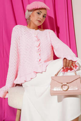 Fırfırlı Düğmeli Kısa Triko Hırka Pembe - Thumbnail