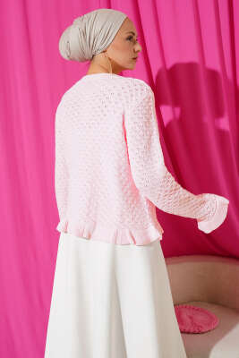 Fırfırlı Düğmeli Kısa Triko Hırka Pembe - Thumbnail