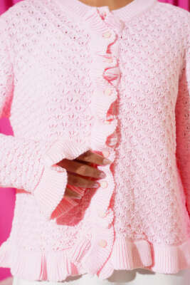 Fırfırlı Düğmeli Kısa Triko Hırka Pembe - Thumbnail