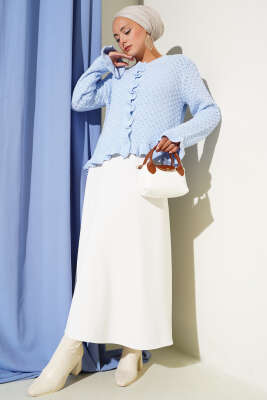 Fırfırlı Düğmeli Kısa Triko Hırka Mavi - Thumbnail