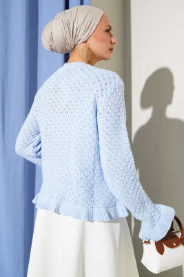 Fırfırlı Düğmeli Kısa Triko Hırka Mavi - Thumbnail