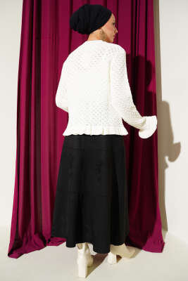 Fırfırlı Düğmeli Kısa Triko Hırka Ekru - Thumbnail