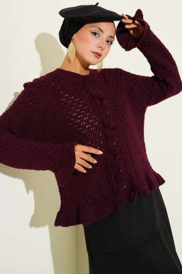 Fırfırlı Düğmeli Kısa Triko Hırka Bordo - Thumbnail