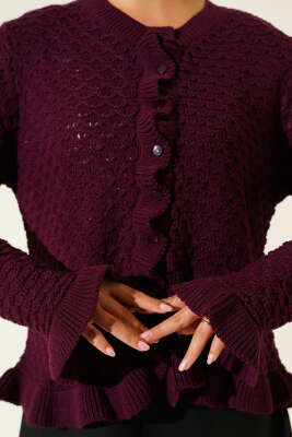 Fırfırlı Düğmeli Kısa Triko Hırka Bordo - Thumbnail