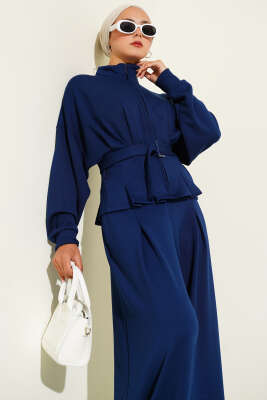 Loyşa Bel Pensli Kuşaklı İkili Takım Lacivert - Thumbnail