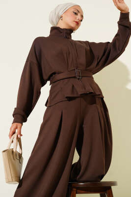 Loyşa Bel Pensli Kuşaklı İkili Takım Kahve - Thumbnail