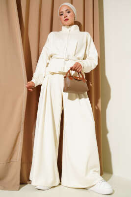 Loyşa Bel Pensli Kuşaklı İkili Takım Ekru - Thumbnail