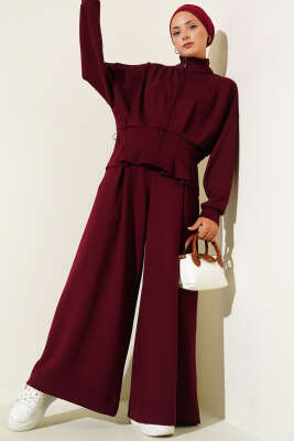 Loyşa Bel Pensli Kuşaklı İkili Takım Bordo - Thumbnail