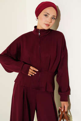 Loyşa Bel Pensli Kuşaklı İkili Takım Bordo - Thumbnail