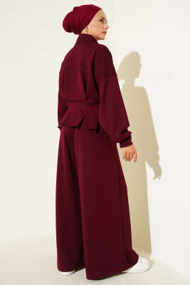 Loyşa Bel Pensli Kuşaklı İkili Takım Bordo - Thumbnail