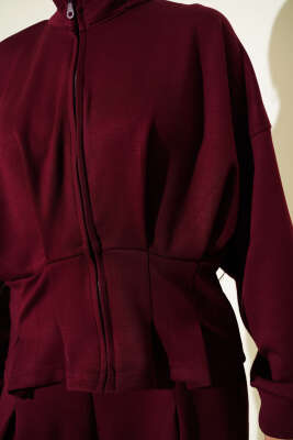 Loyşa Bel Pensli Kuşaklı İkili Takım Bordo - Thumbnail