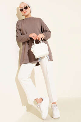 Loyşa Kurdele Nakış Detaylı Tunik Vizon - Thumbnail