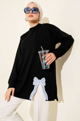 Loyşa Kurdele Nakış Detaylı Tunik Siyah - Thumbnail
