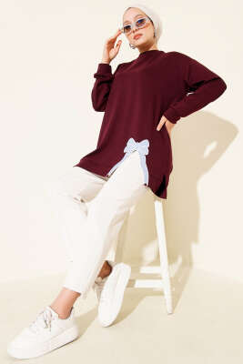 Loyşa Kurdele Nakış Detaylı Tunik Mürdüm - Thumbnail