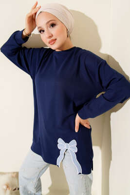 Loyşa Kurdele Nakış Detaylı Tunik Lacivert - Thumbnail