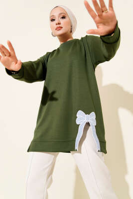 Loyşa Kurdele Nakış Detaylı Tunik Haki - Thumbnail