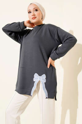 Loyşa Kurdele Nakış Detaylı Tunik Füme - Thumbnail