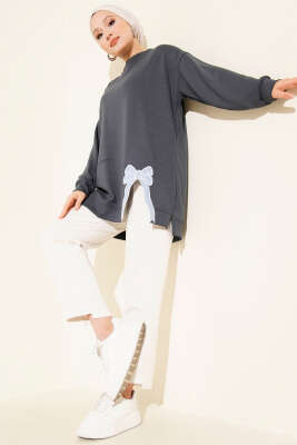 Loyşa Kurdele Nakış Detaylı Tunik Füme - Thumbnail