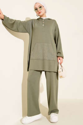 Loyşa Taşlı Kanguru Cepli İkili Takım Çağla Yeşili - Thumbnail