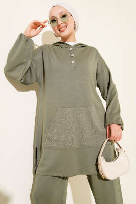 Loyşa Taşlı Kanguru Cepli İkili Takım Çağla Yeşili - Thumbnail