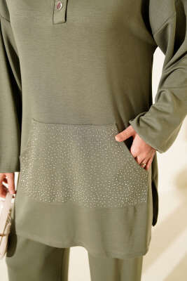 Loyşa Taşlı Kanguru Cepli İkili Takım Çağla Yeşili - Thumbnail